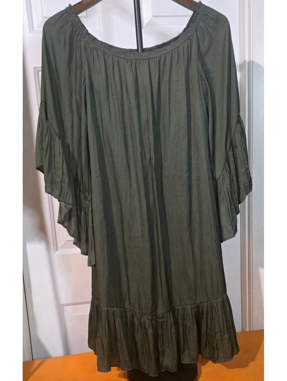 White House Black Market Boho Bell Sleeve Dress M Olive NWOT